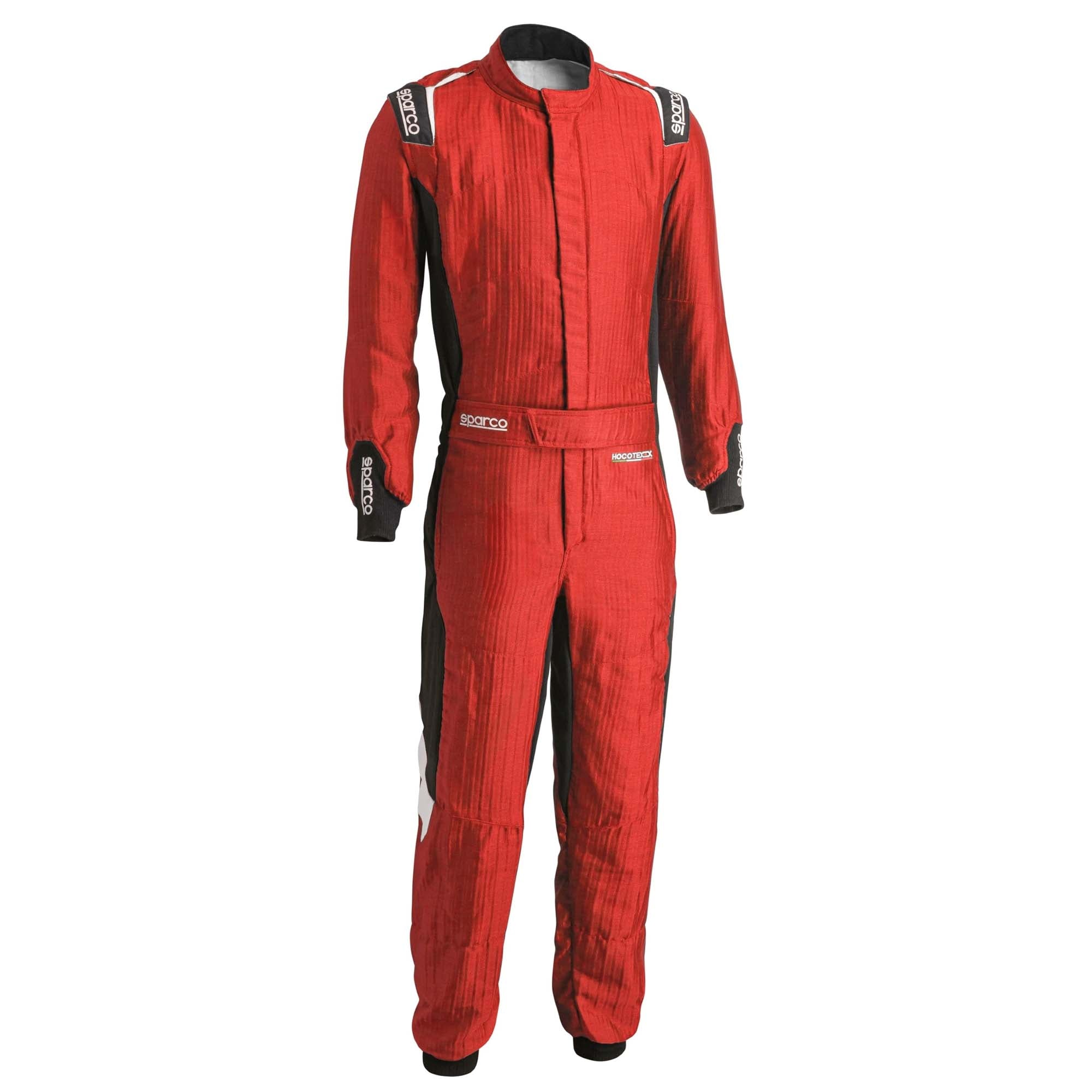 Red racing suit with black side panels and white trim, zip-front and full-length pants.