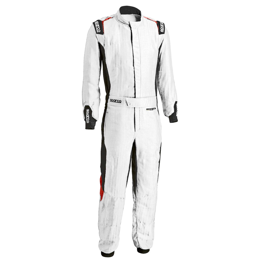 White racing suit with red accents and black side panels, zip-front and full-length pants.