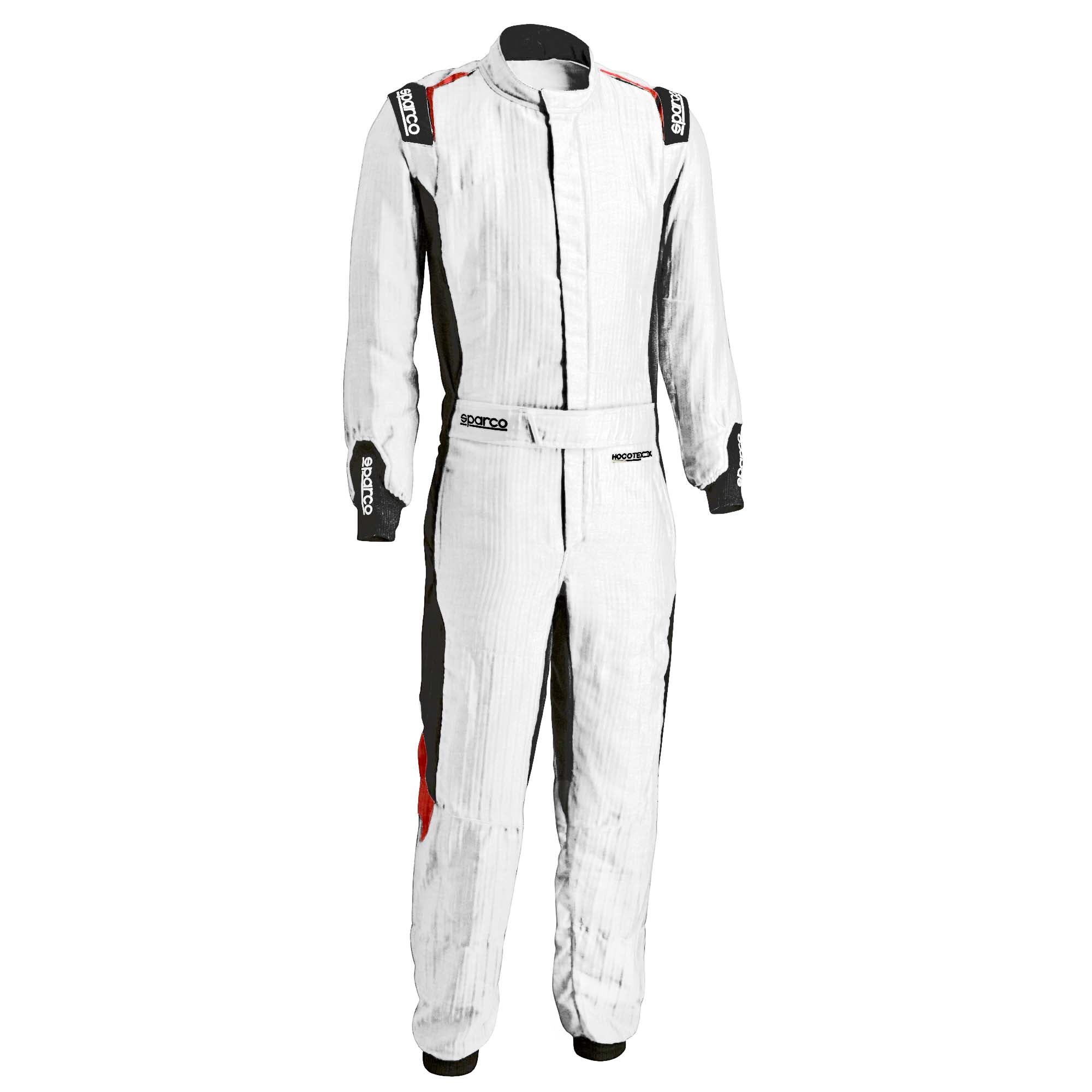 White racing suit with red accents and black side panels, zip-front and full-length pants.