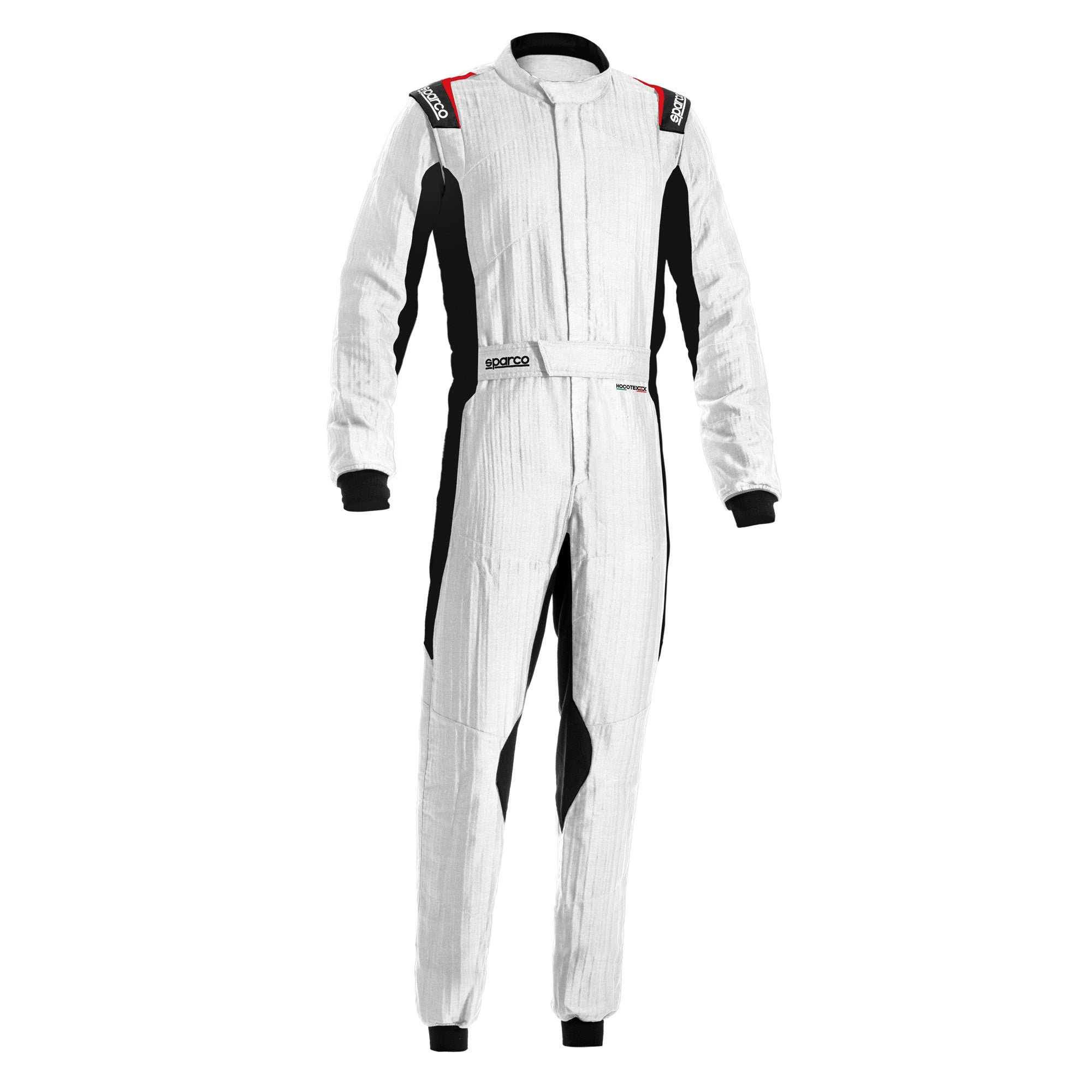 White racing suit with black side panels, full-length zipper, padded cuffs