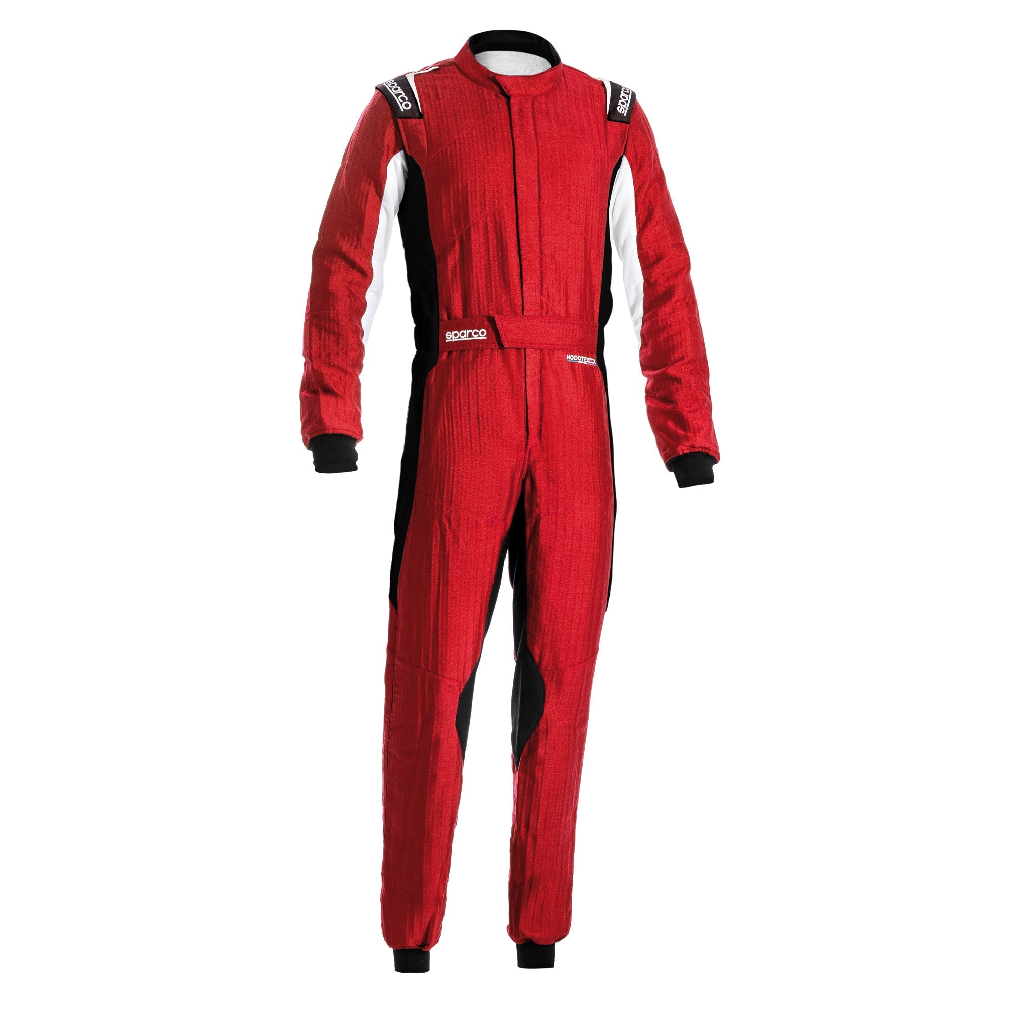 Red one-piece racing suit with full-length zipper and padded cuffs