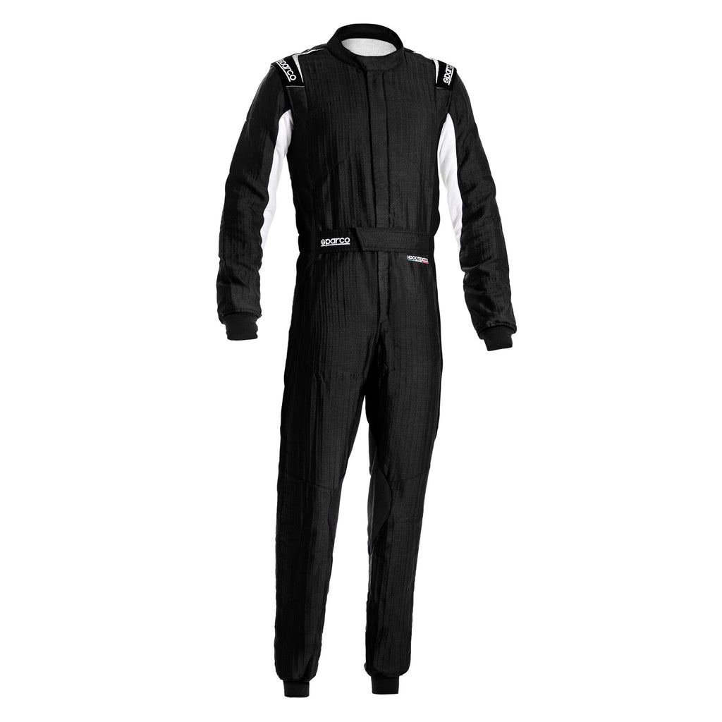 Black one-piece racing suit with full-length zipper and padded cuffs