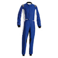 Blue racing suit with white side panels, full-length zipper, padded cuffs
