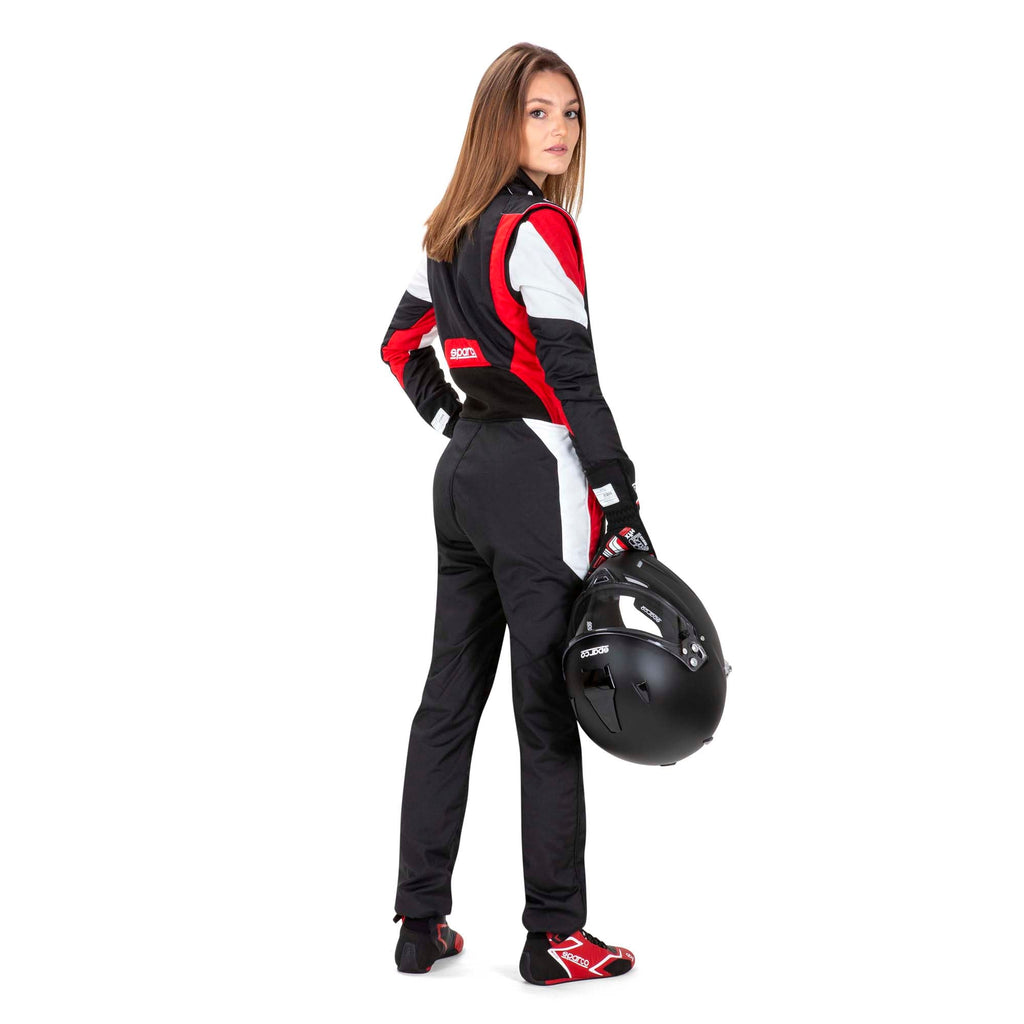Ladies racing suit, side view, black with red and white accents, zip front.