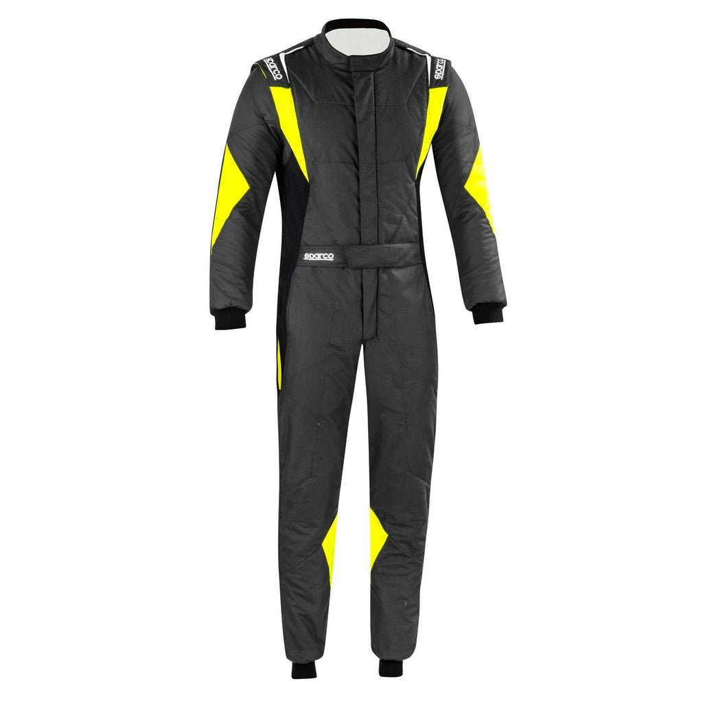 Sparco Superleggera racing suit in black with neon yellow side stripes, full front zipper