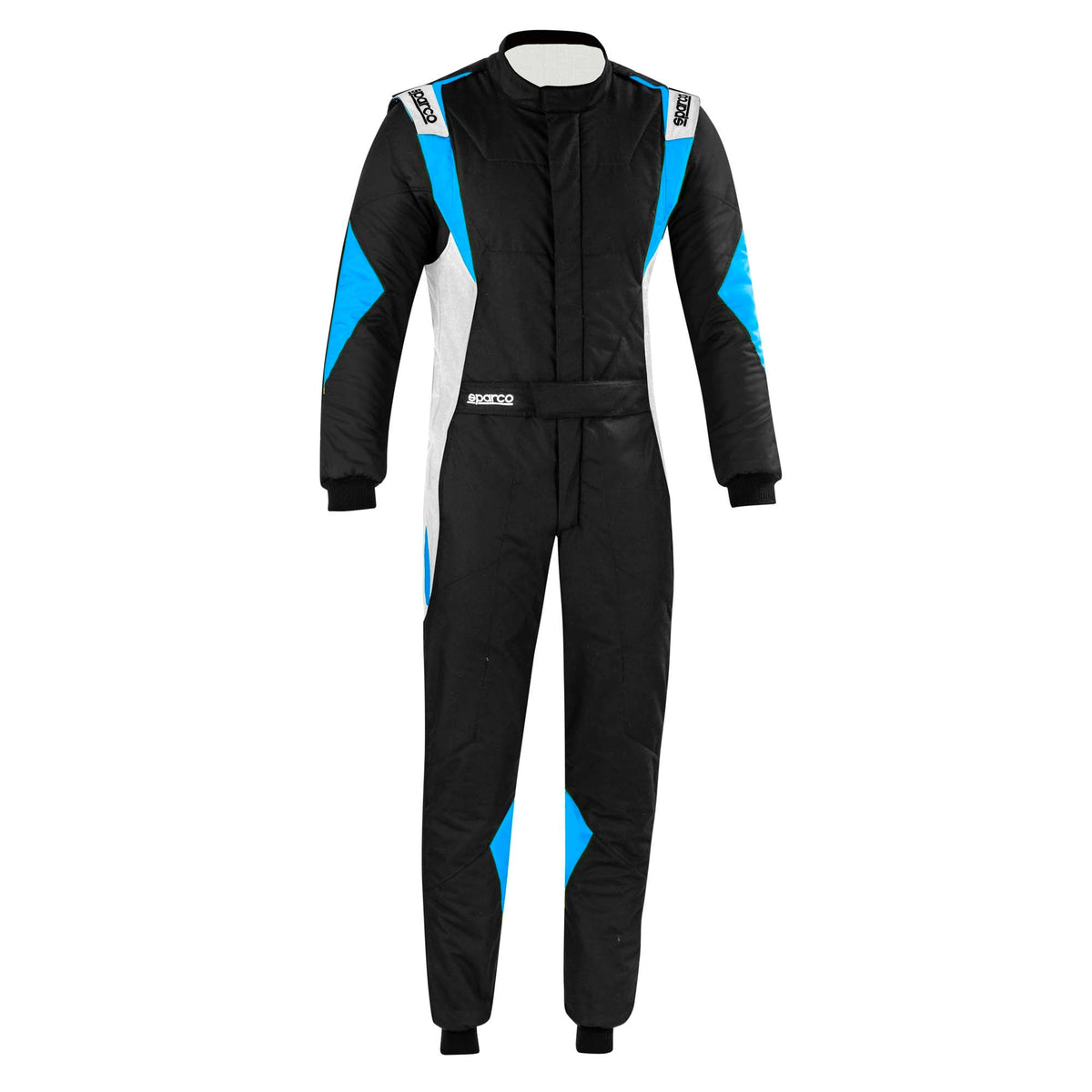 Sparco Superleggera racing suit in black with blue side panels, full front zipper