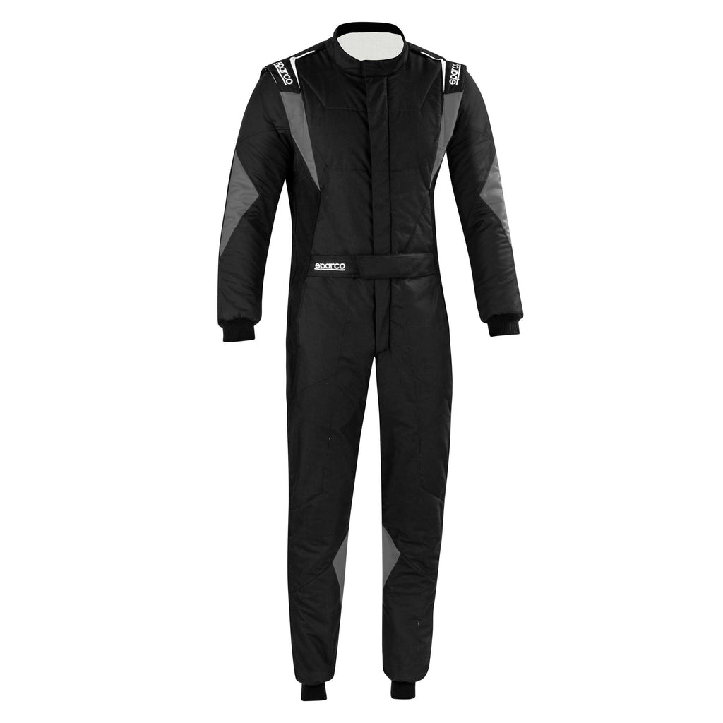 Sparco Superleggera racing suit in black with minimal striping, full front zipper