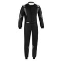 Sparco Superleggera racing suit in black with minimal striping, full front zipper