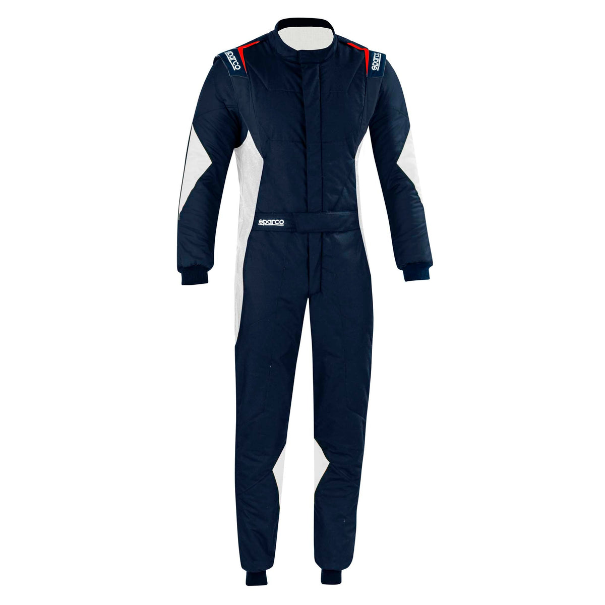 Sparco Superleggera racing suit in navy blue with colored shoulder trim, full front zipper