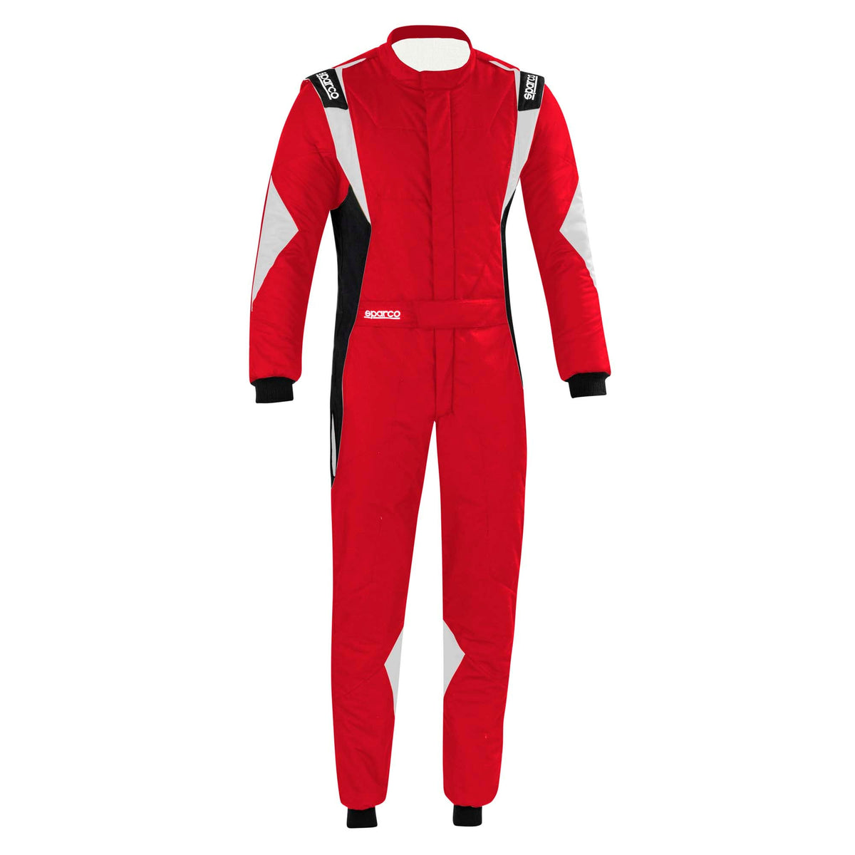 Sparco Superleggera racing suit in red with black side panels, full front zipper