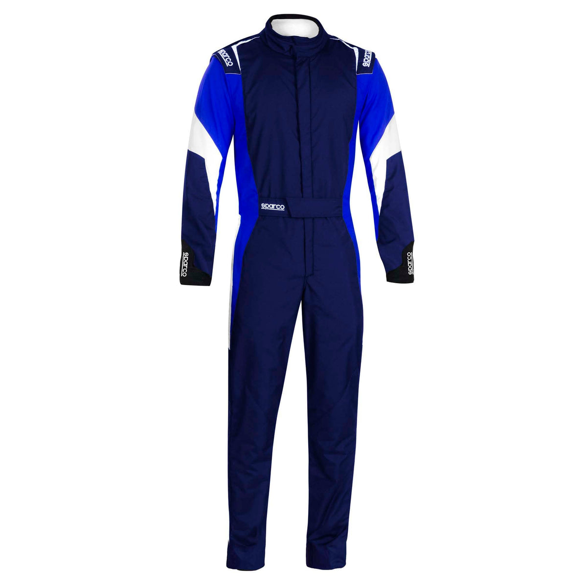 Navy racing suit with white side panels, zip-front, boot-cut legs