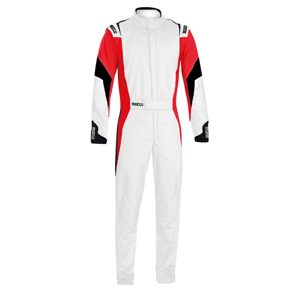 White racing suit with red shoulder panels and black accents, zip-front, boot-cut legs