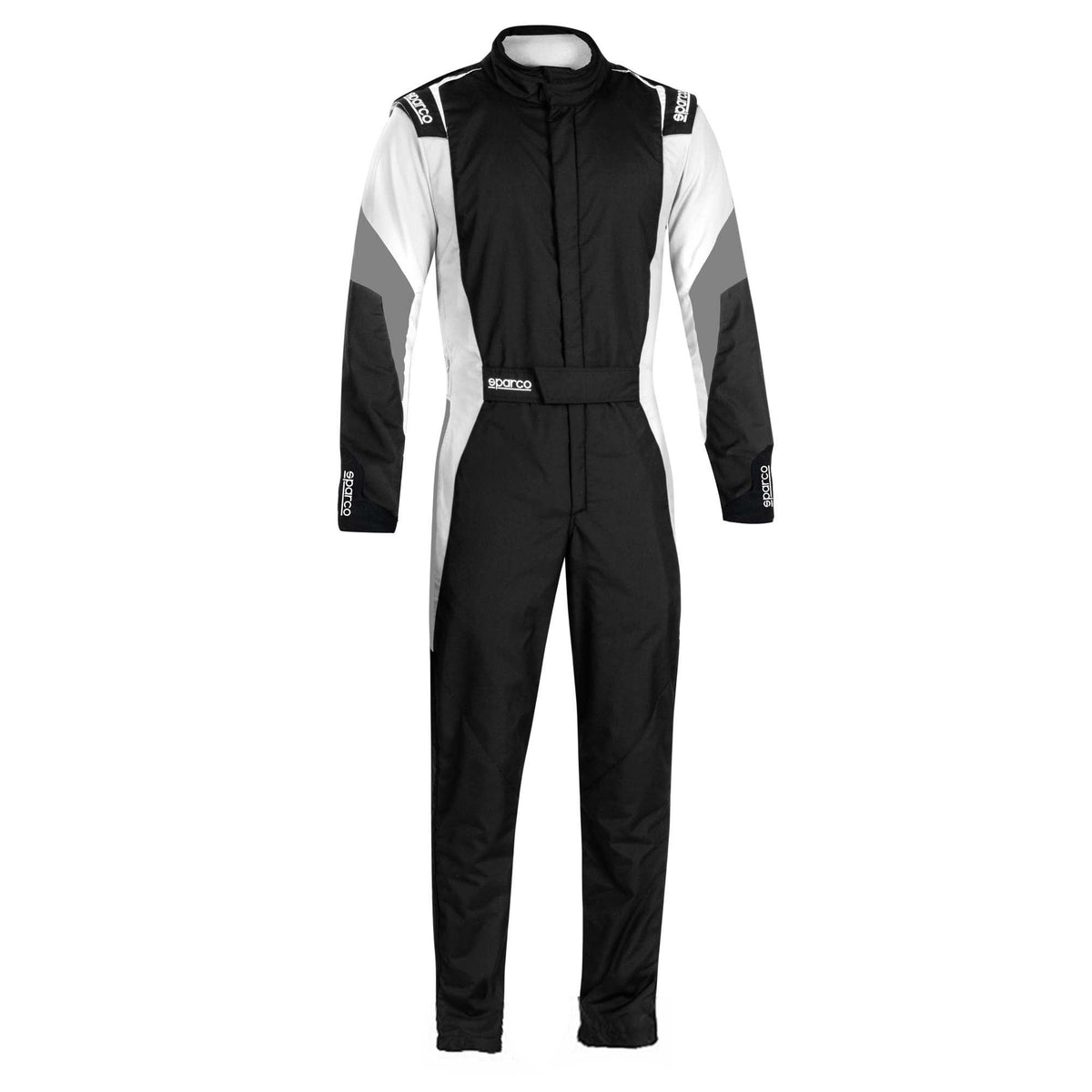 Black racing suit with white side panels, full-length sleeves, boot-cut legs