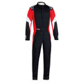 Black racing suit with red side panels and white accents, zip-front, boot-cut legs