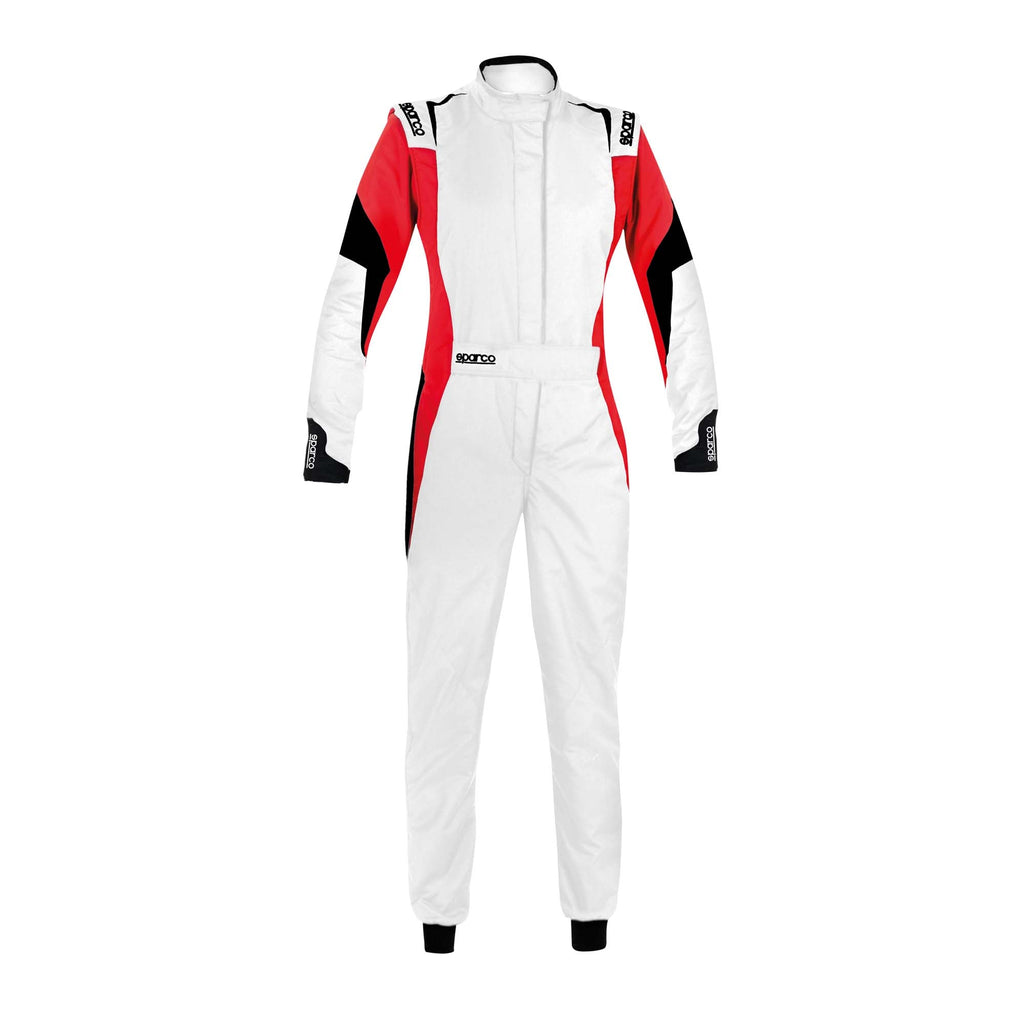 Ladies racing suit in white with red and black panels, zip front, long sleeves.
