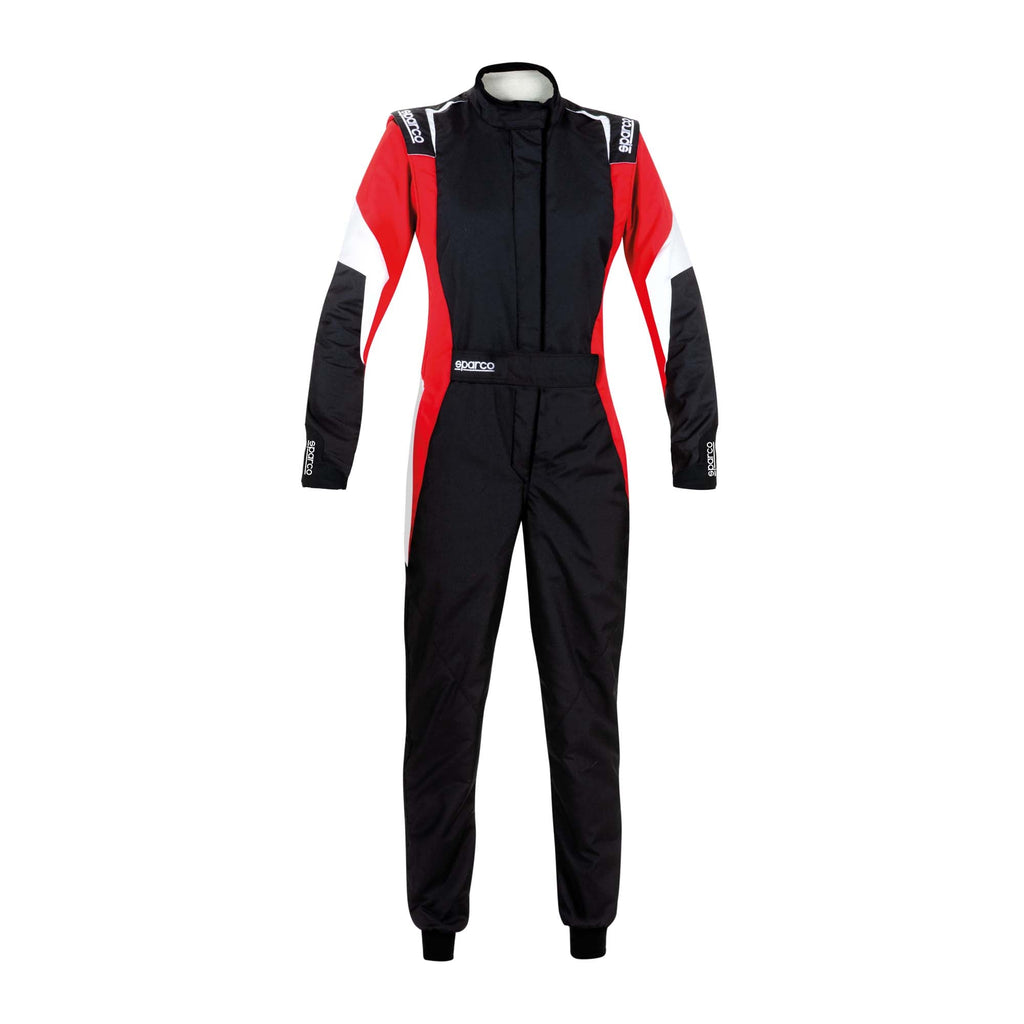 Ladies racing suit in black with red side panels, zip front, long sleeves.