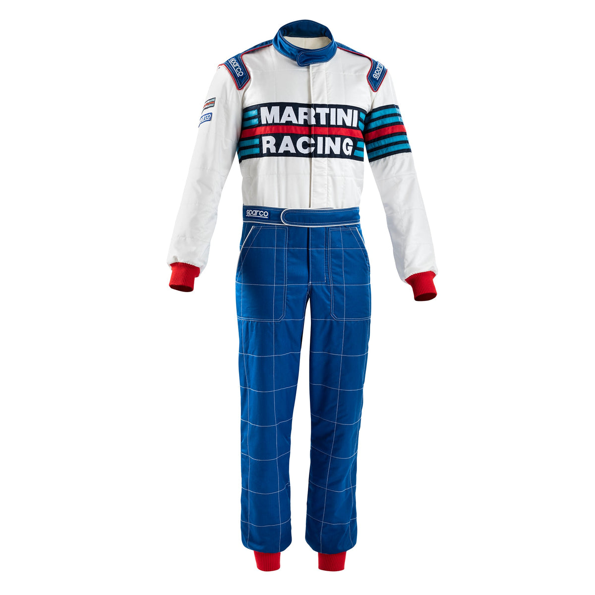 Racing suit with white jacket and blue grid pants, high collar, Martini Racing logo