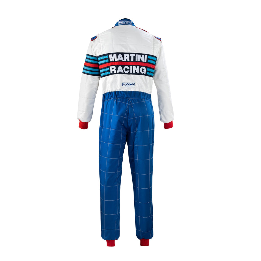 Racing suit back view, white top with Martini Racing stripes and blue grid pants