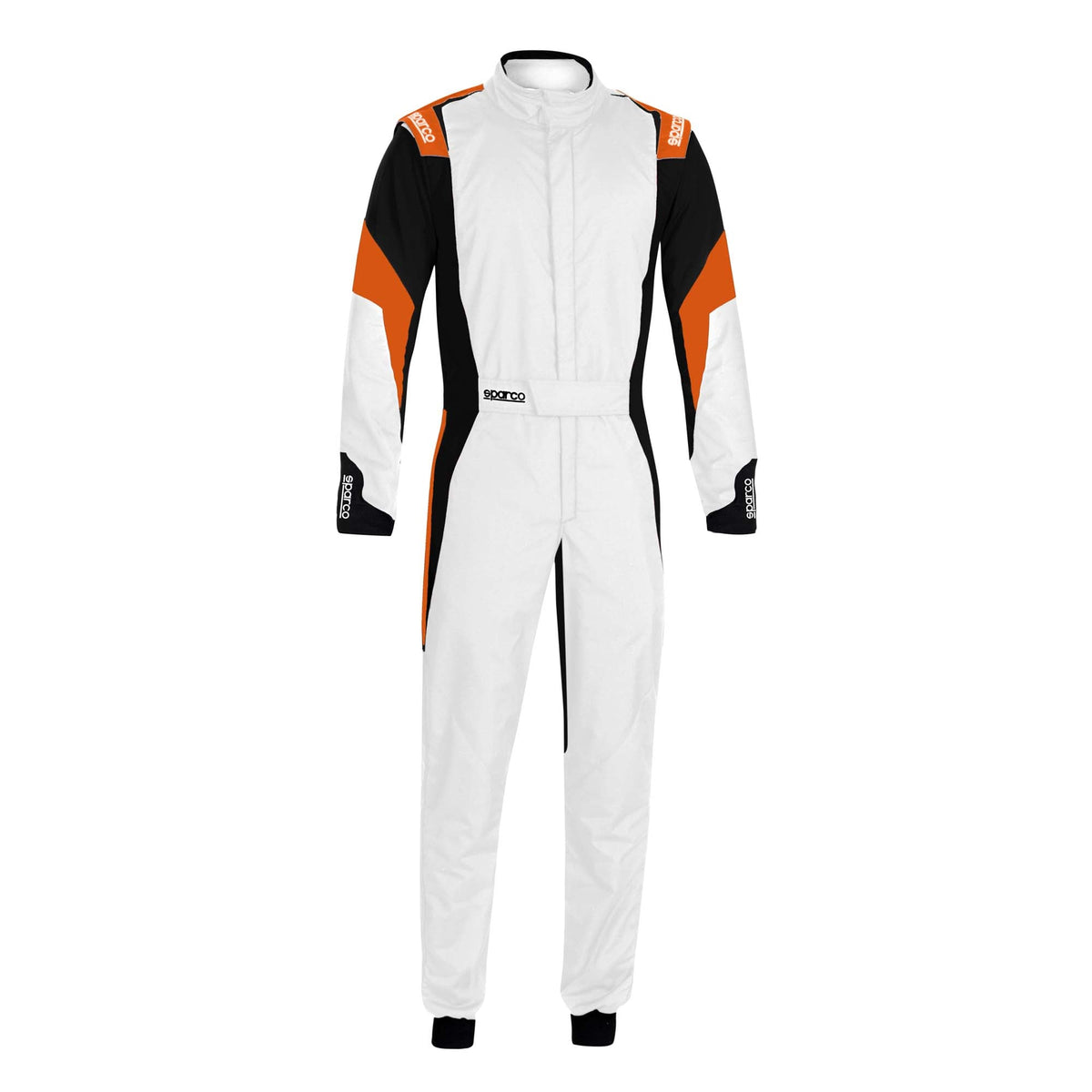 Sparco competition racing suit, white with black sleeves and orange side panels.