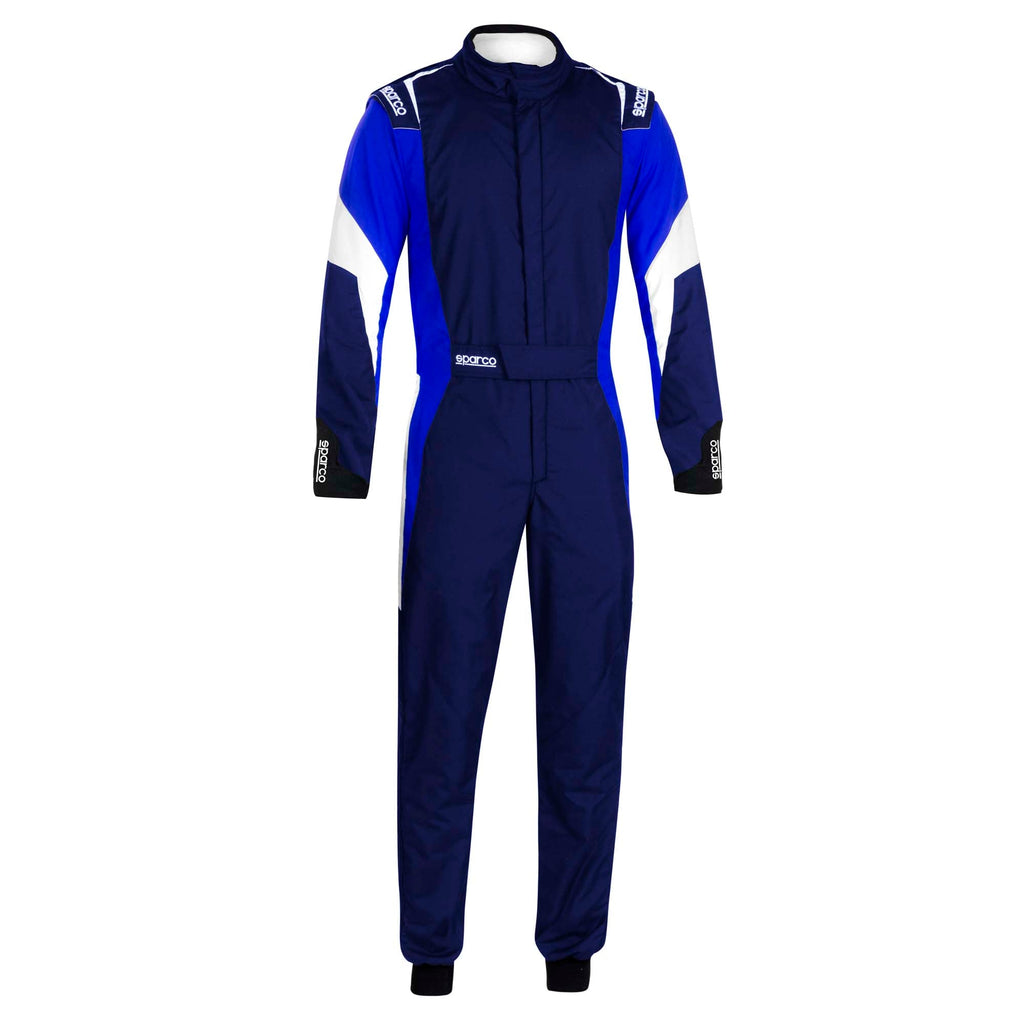 Sparco competition racing suit, navy blue with white accents and long sleeves.