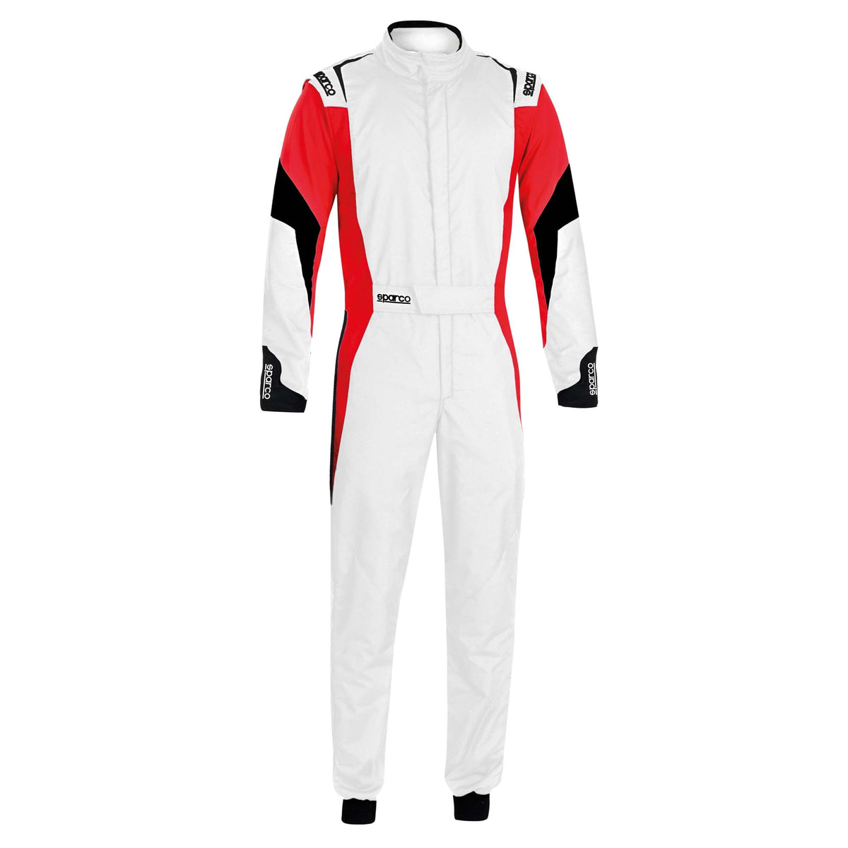 Sparco competition racing suit, white with red and black side panels and standing collar.