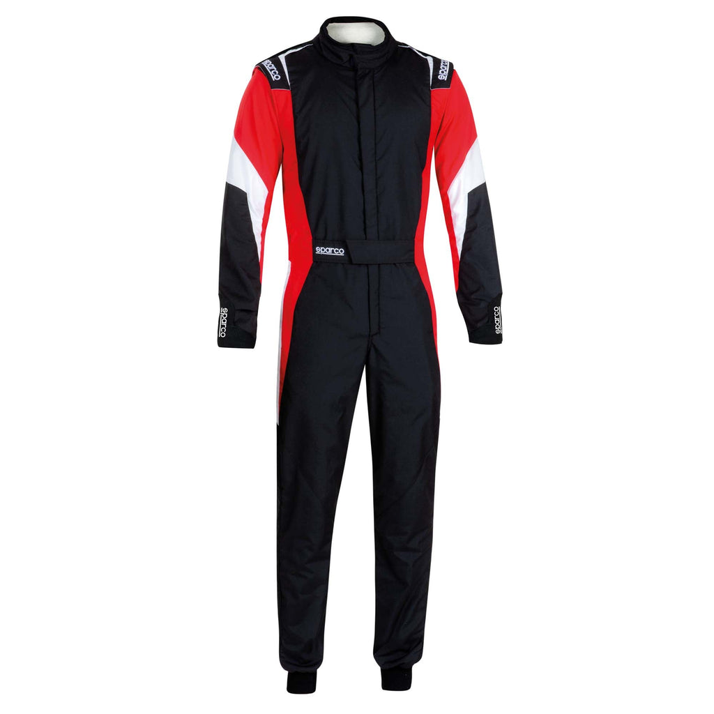 Sparco competition racing suit, black with red and white side panels and full front zip.