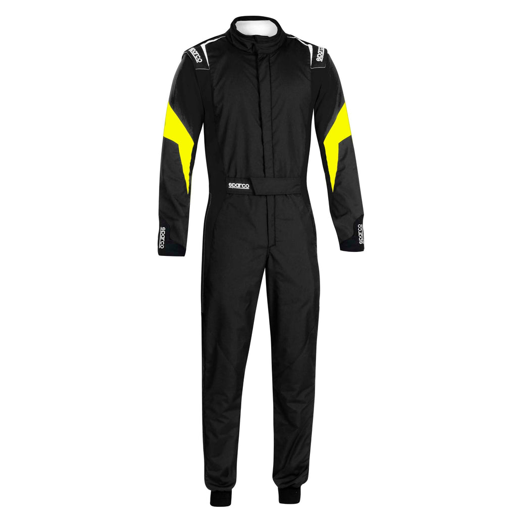 Sparco competition racing suit, black with yellow side stripes and full front zip.
