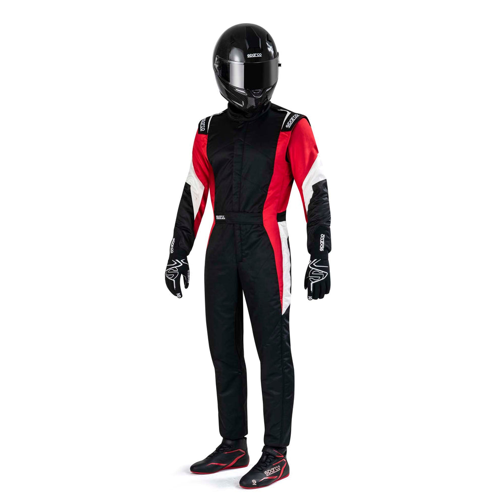 Sparco competition racing suit, black with red and white racing stripes and long sleeves.
