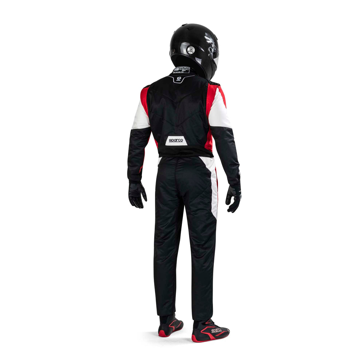 Sparco competition racing suit, black with white and red panels, back view.