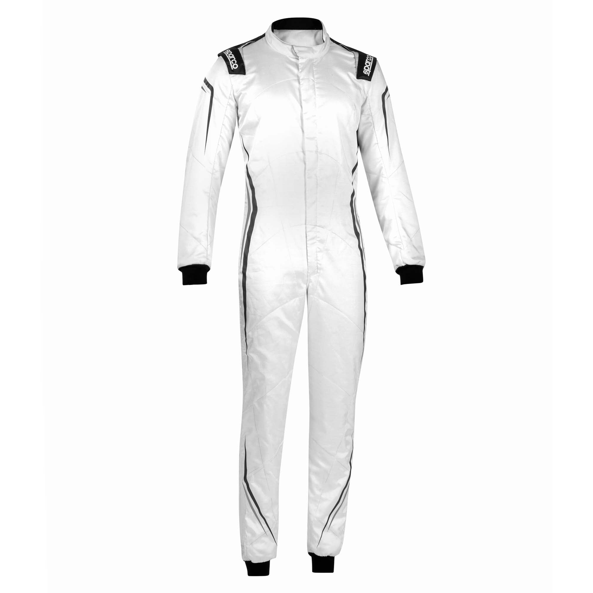 White racing suit with black-striped side panels, long sleeves, full-zip front.