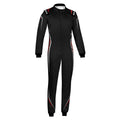 Black racing suit with red trim accents, long sleeves, full-zip front.