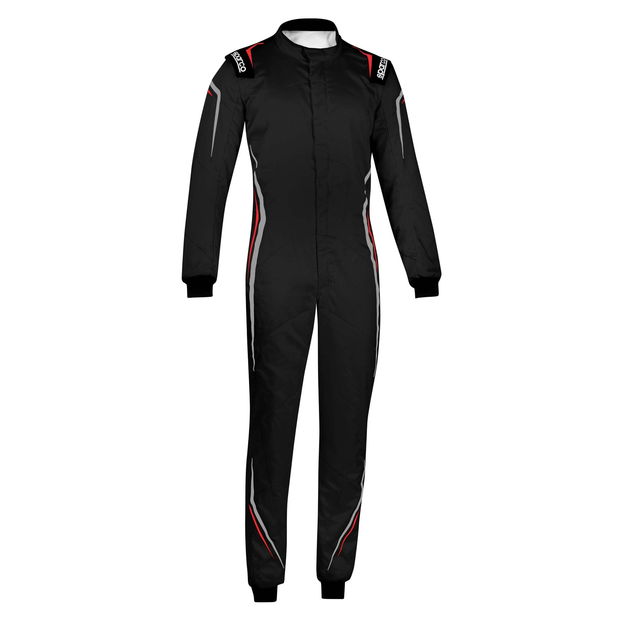 Black racing suit with red trim accents, long sleeves, full-zip front.