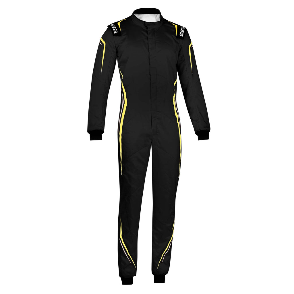 Black racing suit with yellow piping along sides, long sleeves, full-zip front.