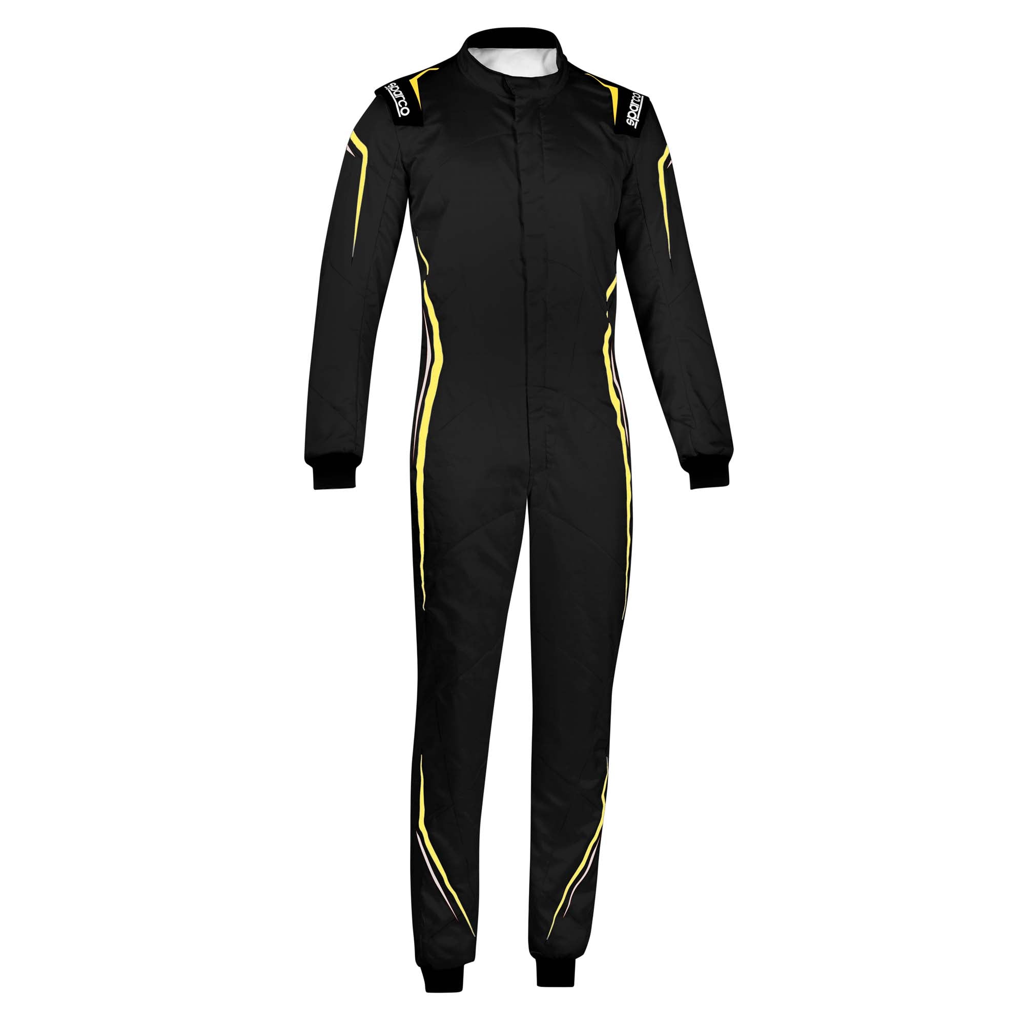 Black racing suit with yellow piping along sides, long sleeves, full-zip front.