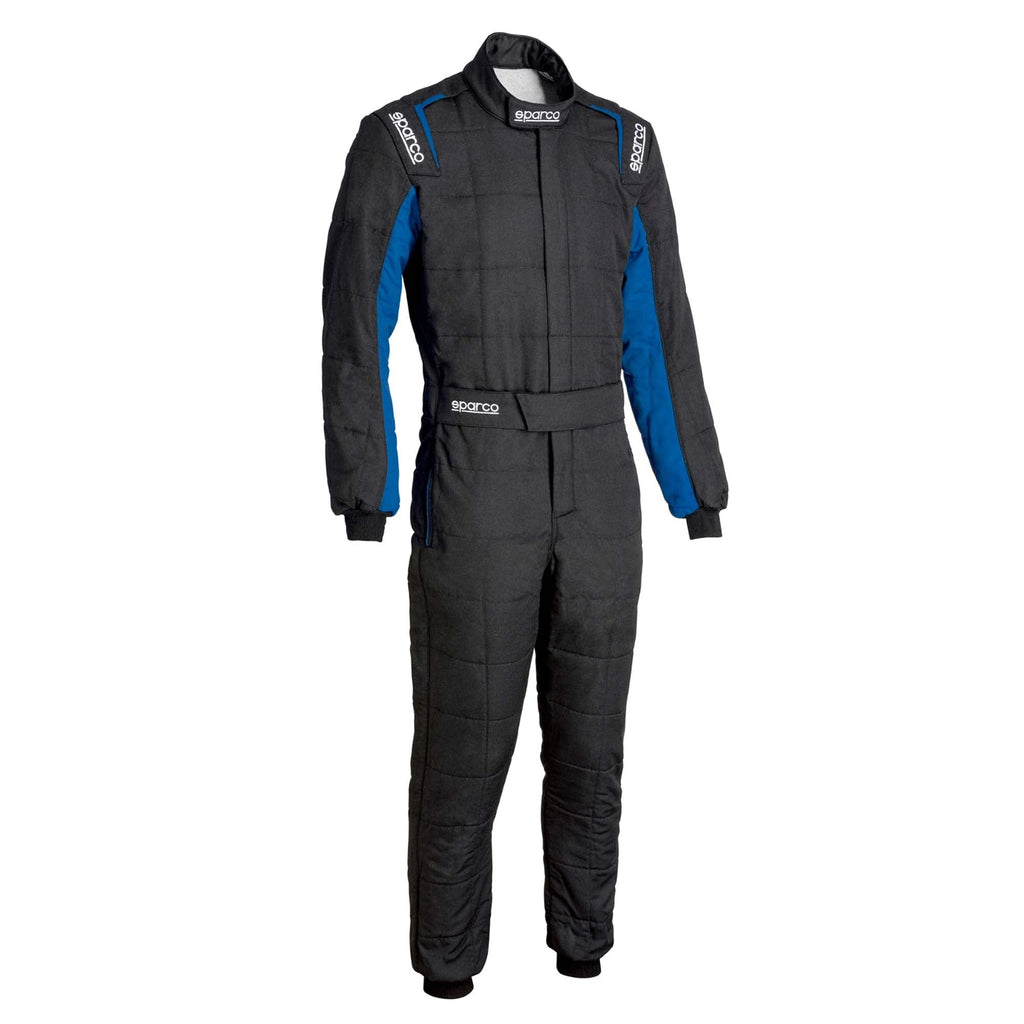 Sparco racing suit with blue sleeve panels, black one-piece with padded knee sections