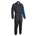 Sparco racing suit with blue sleeve panels, black one-piece with padded knee sections