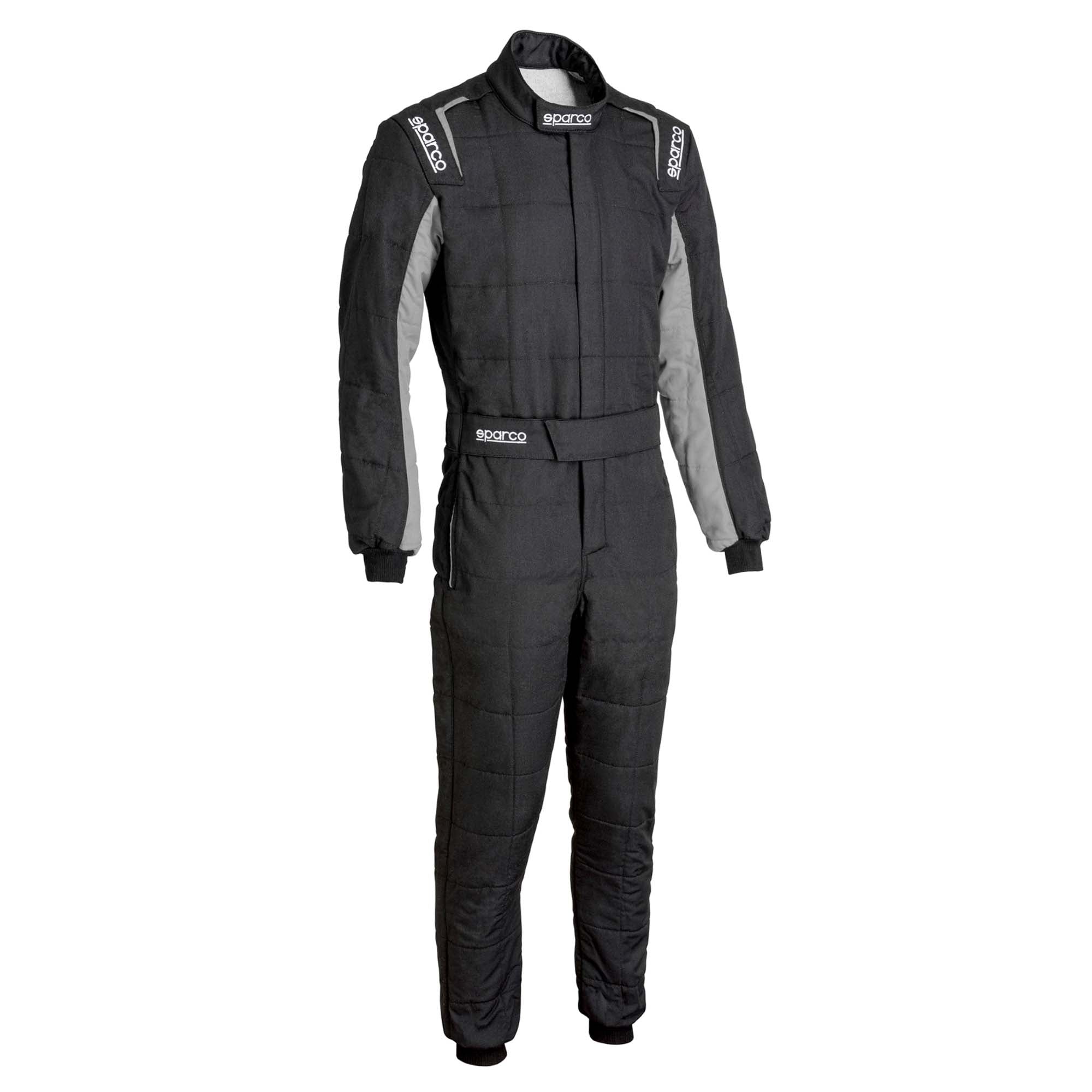 Sparco racing suit with grey side panels, black one-piece with padded knee sections