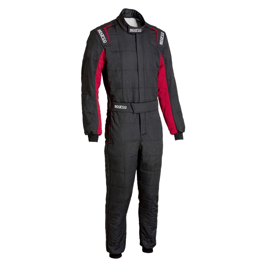 Sparco racing suit with red sleeve panels, black suit with padded knee sections