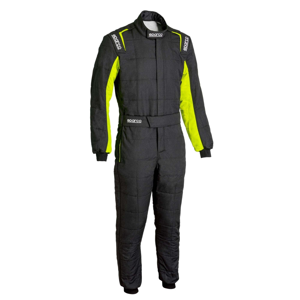 Sparco racing suit with neon yellow sleeve panels, black one-piece with padded knees