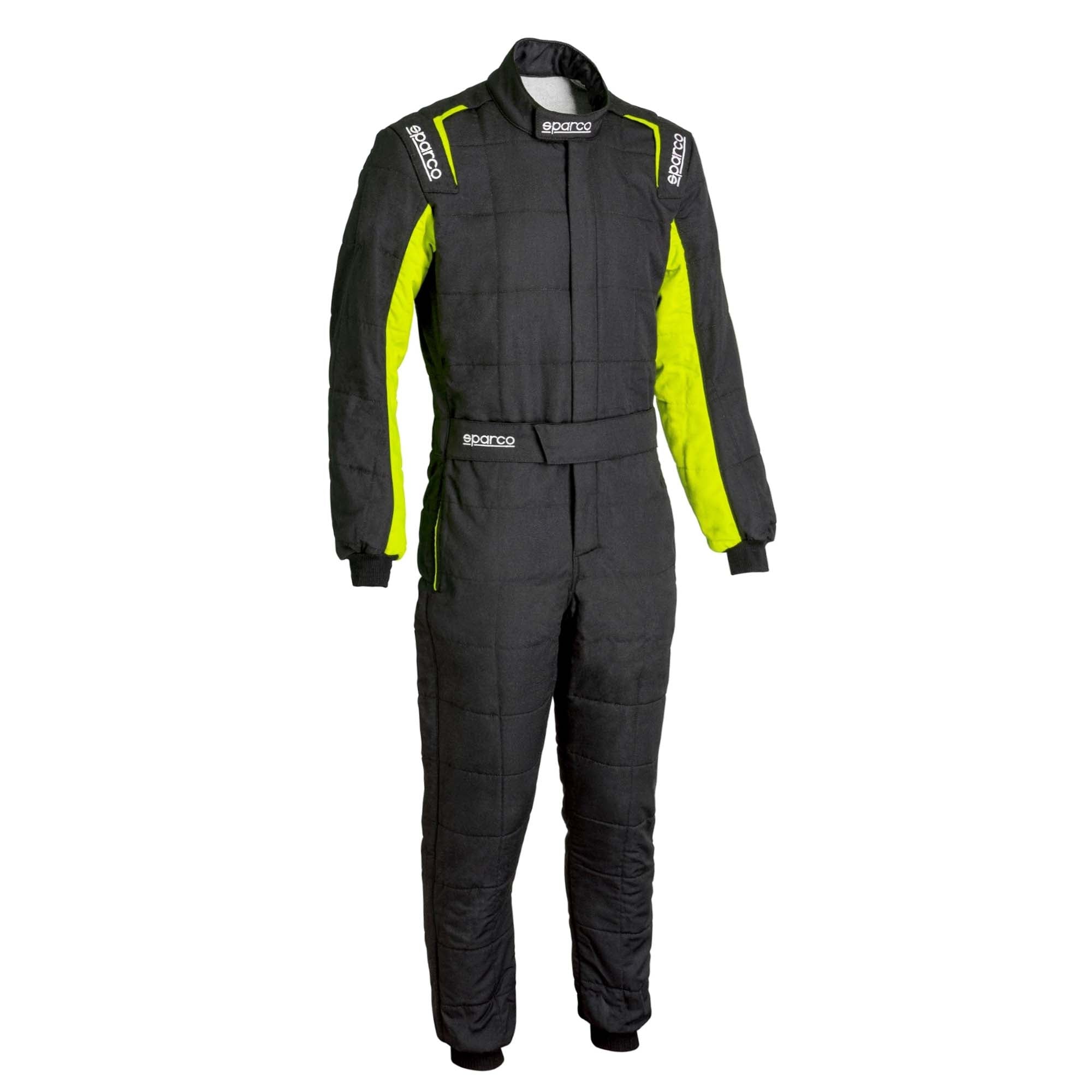 Sparco racing suit with neon yellow sleeve panels, black one-piece with padded knees
