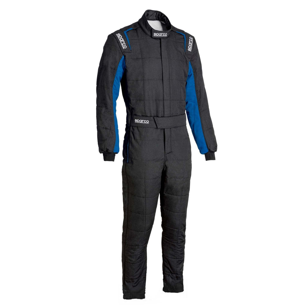 Black racing suit with blue side panels, full-zip front, long sleeves, boot-cut legs