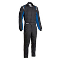 Black racing suit with blue side panels, full-zip front, long sleeves, boot-cut legs