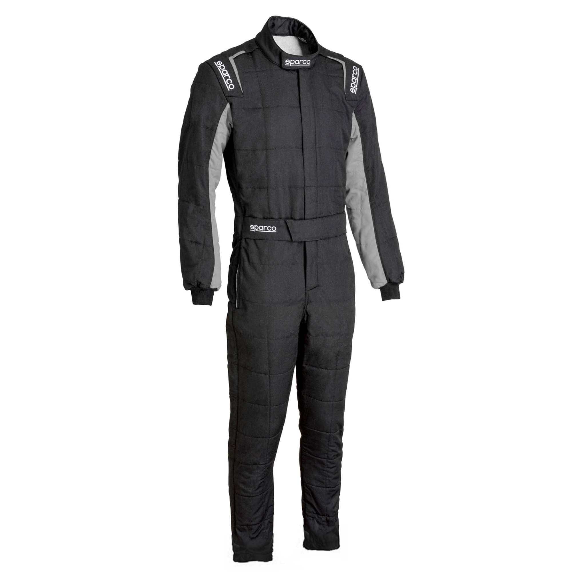 Black racing suit with full-zip front, long sleeves, boot-cut legs, elastic waist