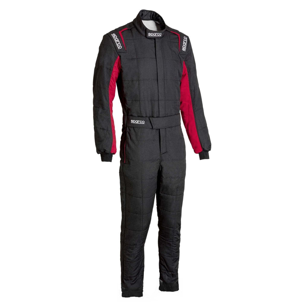 Black racing suit with red side panels, full-zip front, long sleeves, boot-cut legs