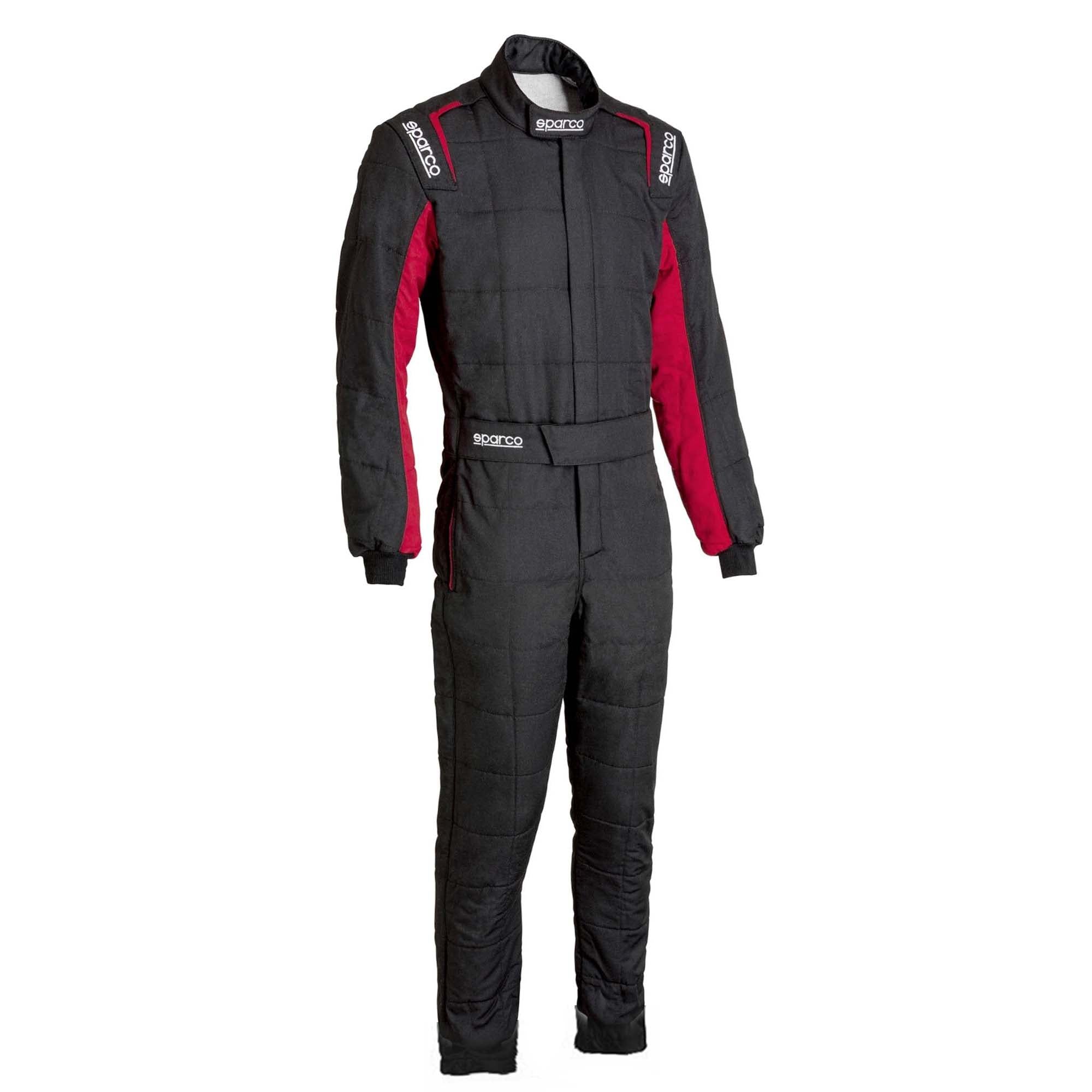 Black racing suit with red side panels, full-zip front, long sleeves, boot-cut legs