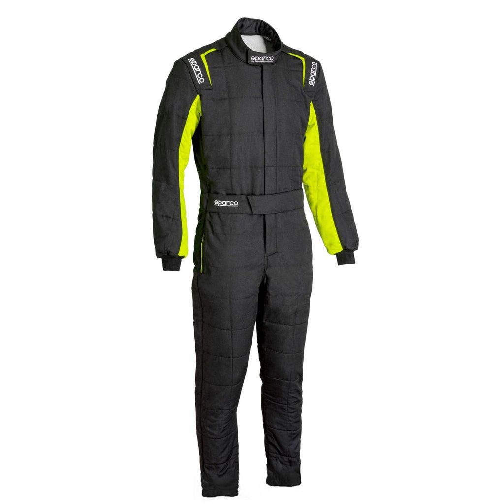 Black racing suit with neon yellow side panels, full-zip front, long sleeves, boot-cut legs