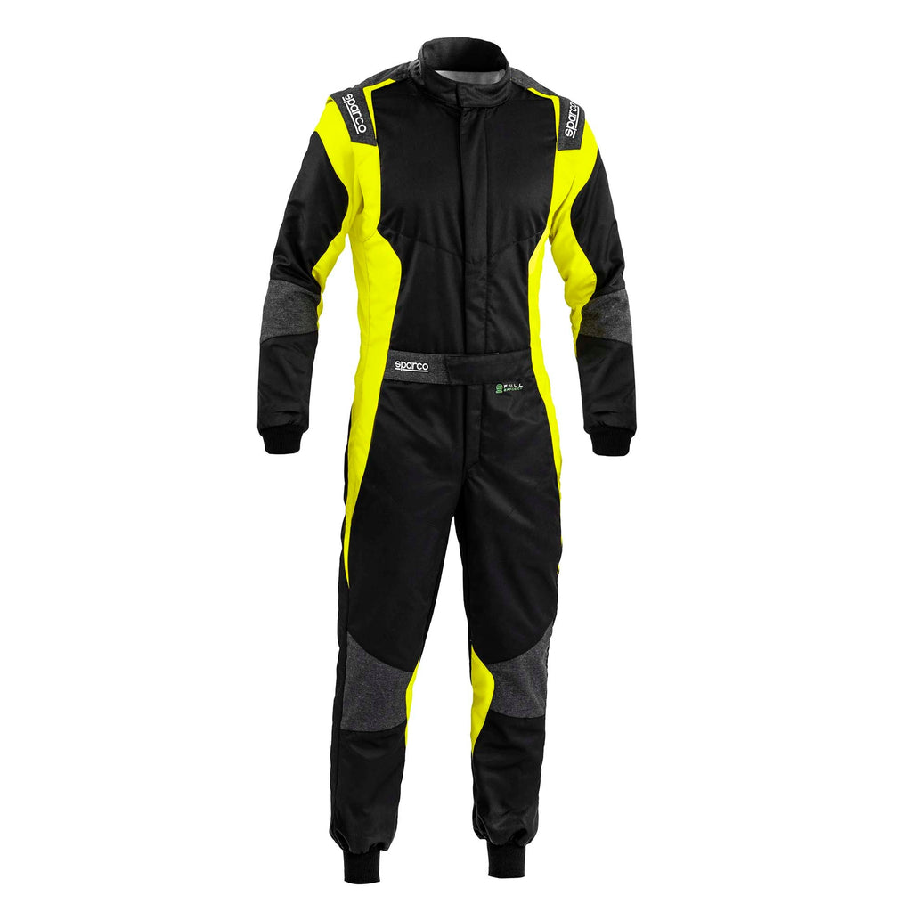 Sparco racing suit in black with neon yellow side panels and padded sleeves