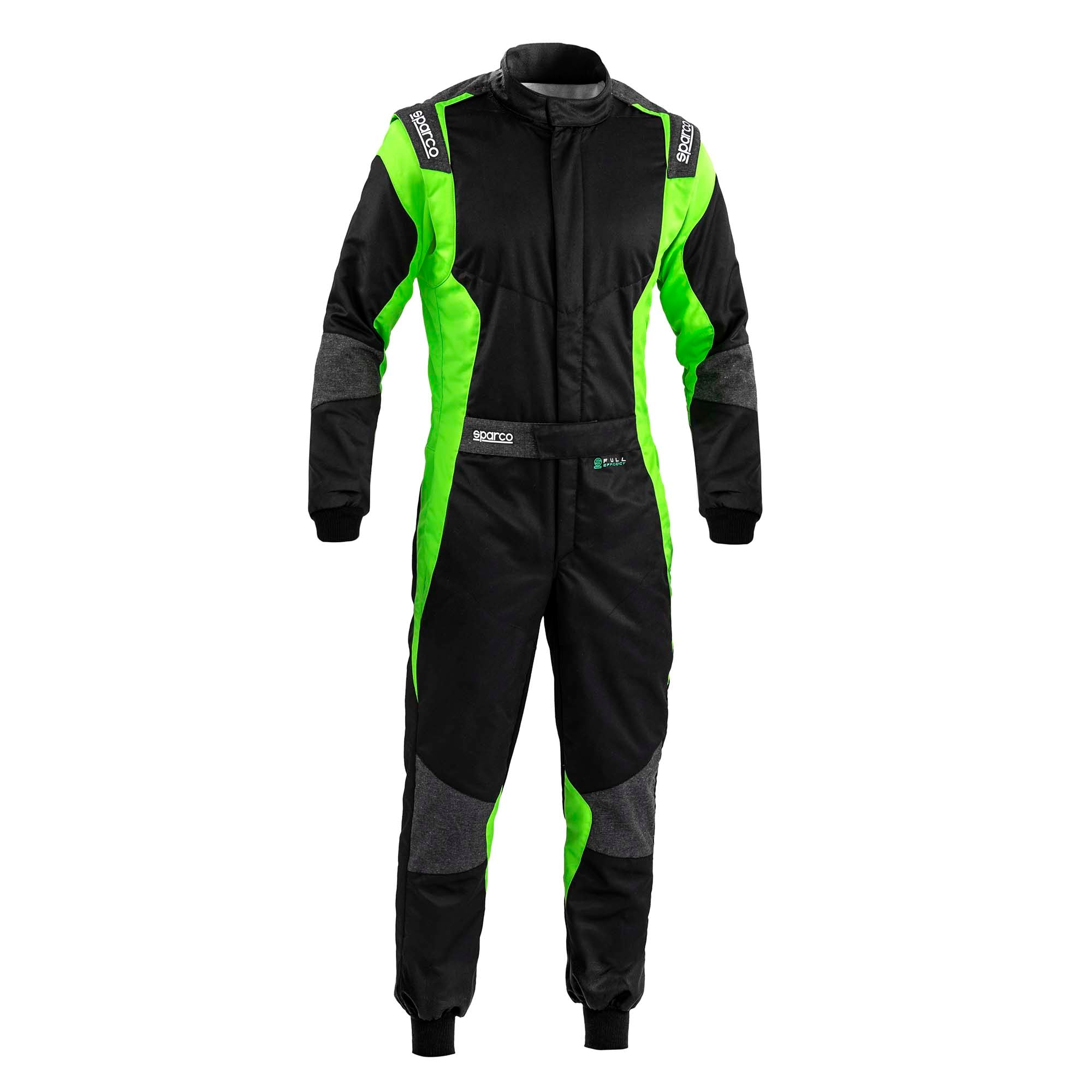Sparco racing suit in black with neon green side panels and padded sleeves