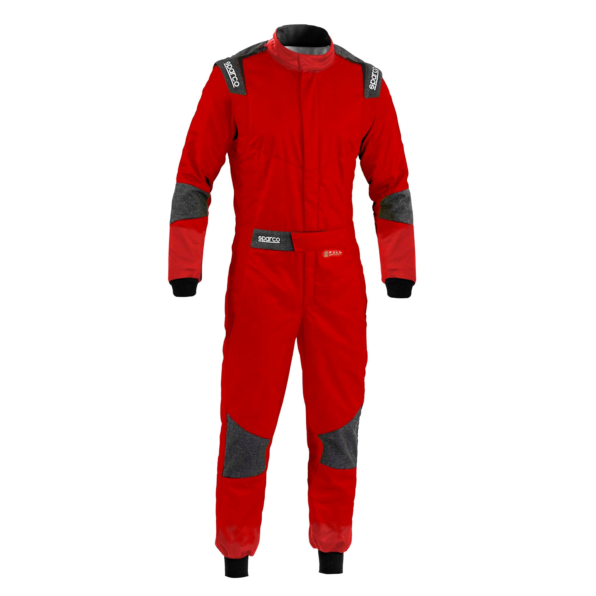 Sparco racing suit in red with grey padded arms and knee panels