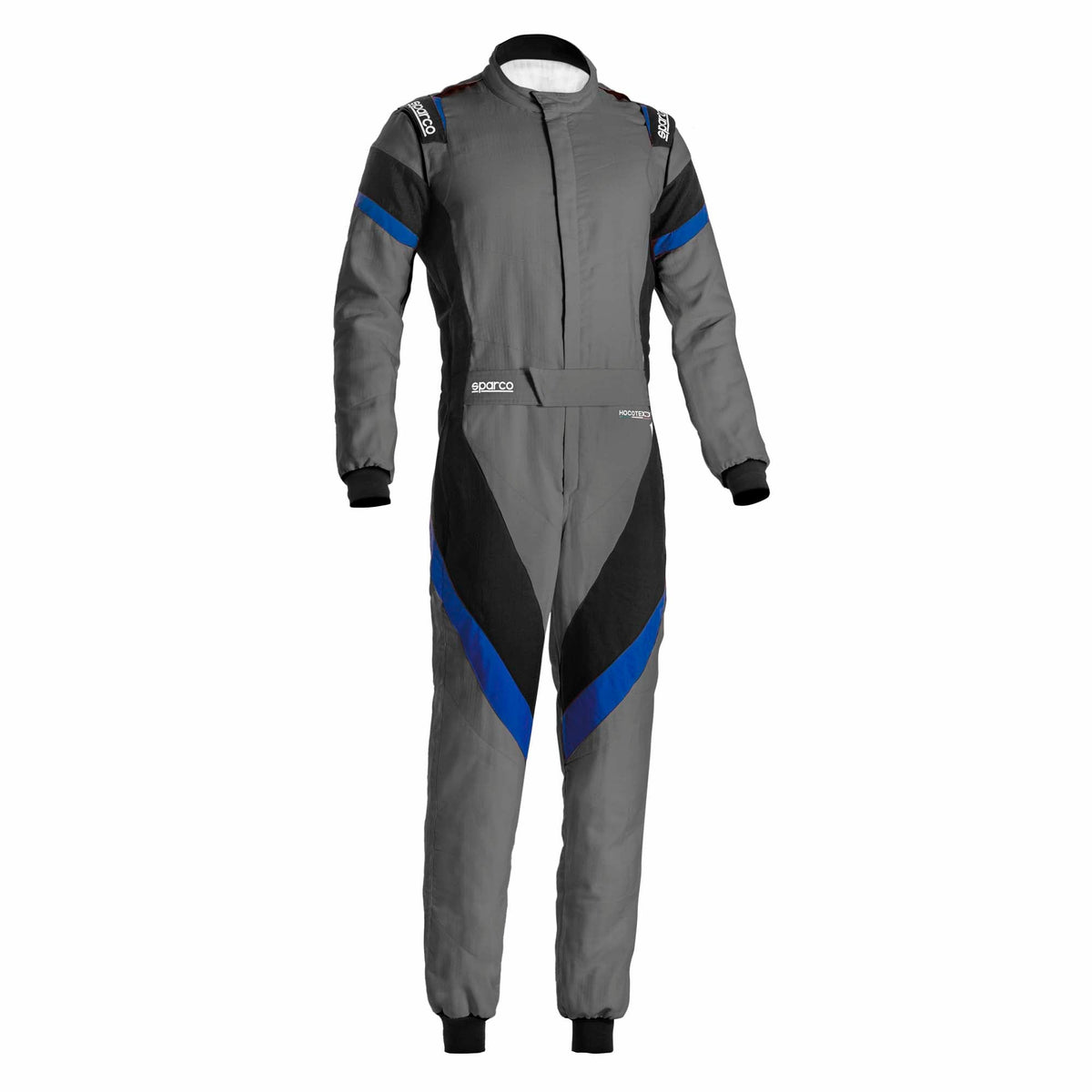 Men's racing suit in dark grey with black center panels and blue side stripes